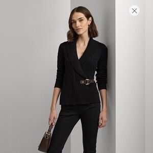 Lauren Ralph Lauren Buckled Cotton Sweater Black Wrap Medium Petite EUC